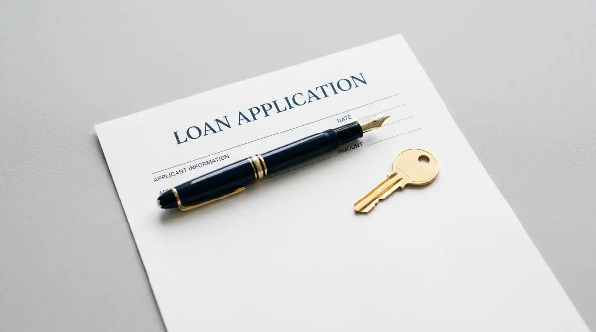 A sleek dark blue pen resting on top of a clean loan approval form next to a small gold key, representing simple access to bank loans without pledges.