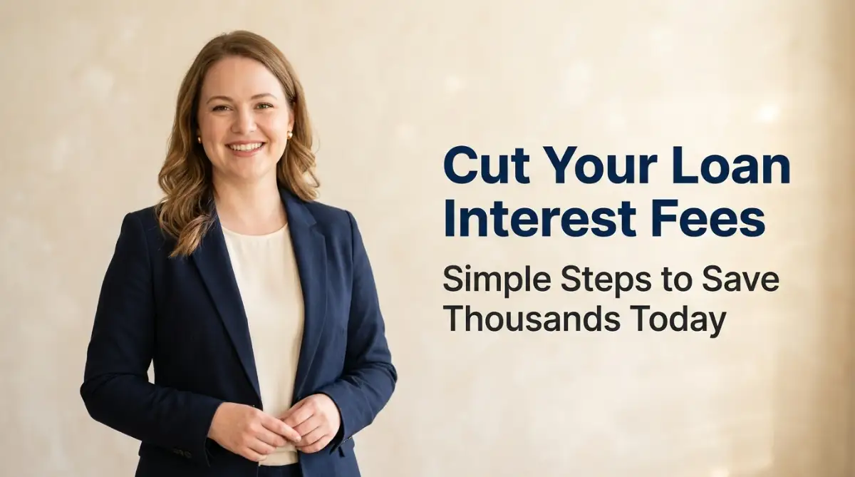 A professional fair-skinned female model with a round face smiling next to text that explains how to save money on interest fees over the life of your loan.