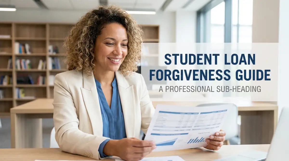 A happy professional woman reviewing her student loan forgiveness guide to finally achieve complete financial freedom.