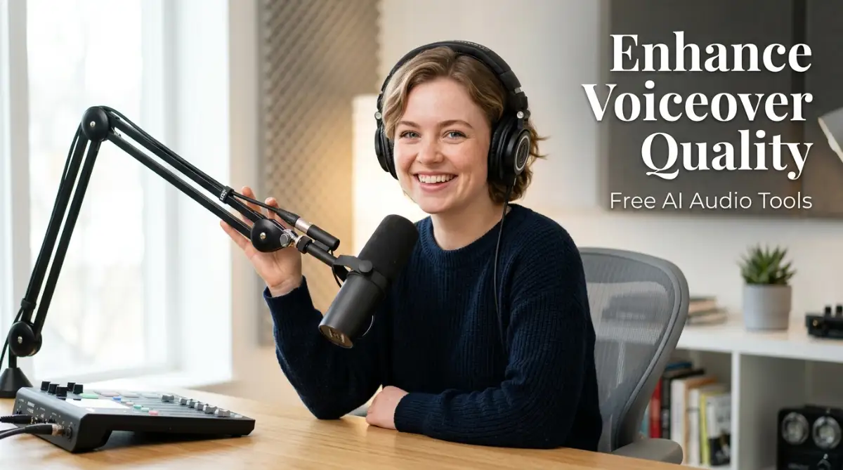 A smiling professional female creator uses a free AI audio enhancer to improve her voiceover quality in a bright studio setting.