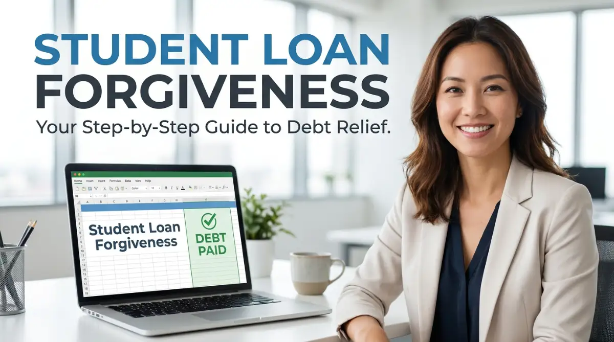 A friendly round-faced female model sits next to a laptop displaying financial data, representing the ultimate guide to understanding student loan forgiveness programs.