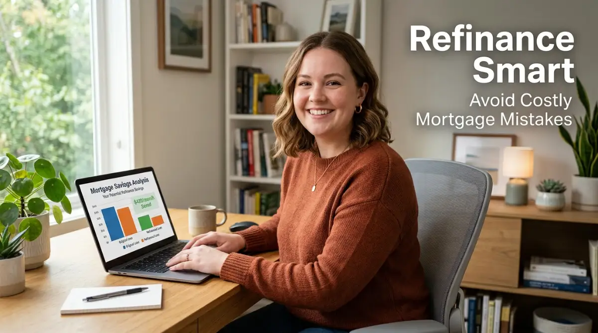 A young professional woman sitting at a desk in a bright room, looking at home loan refinance documents to avoid common mortgage refinancing mistakes.