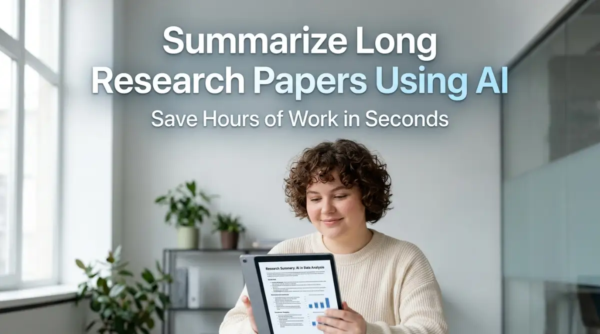 A professional, fair-skinned round-faced female model looking at a tablet that displays an AI document summarizer interface, showing how to summarize long research papers easily.