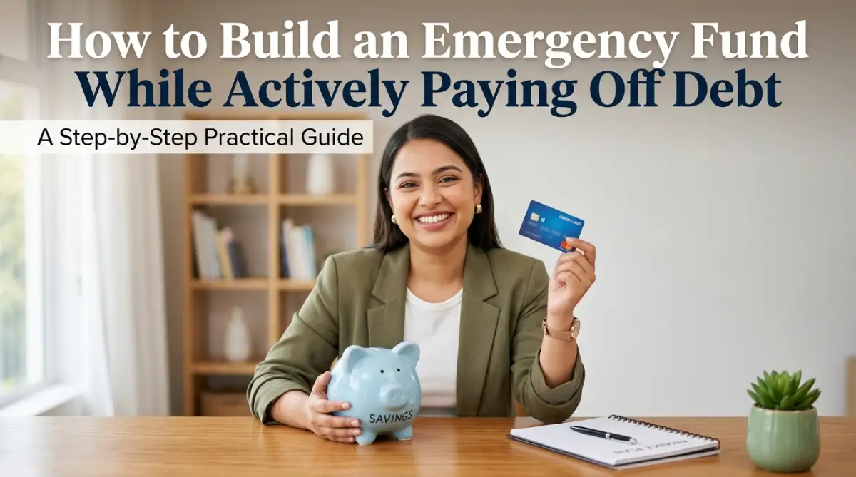 A smiling young woman with a round face holds a piggy bank and a credit card, showing how to build an emergency fund while actively paying off debt.