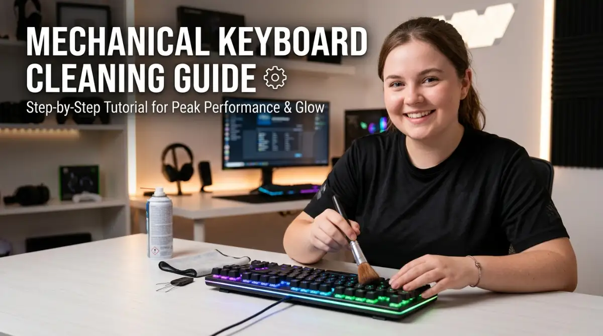 A fair-skinned female model smiling next to a glowing RGB mechanical gaming keyboard, demonstrating how to properly clean and maintain gaming peripherals.