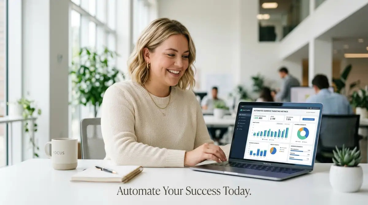 A highly professional fair-skinned female model interacting with a digital screen showing market research charts to explain why smart algorithms are necessary for business growth.
