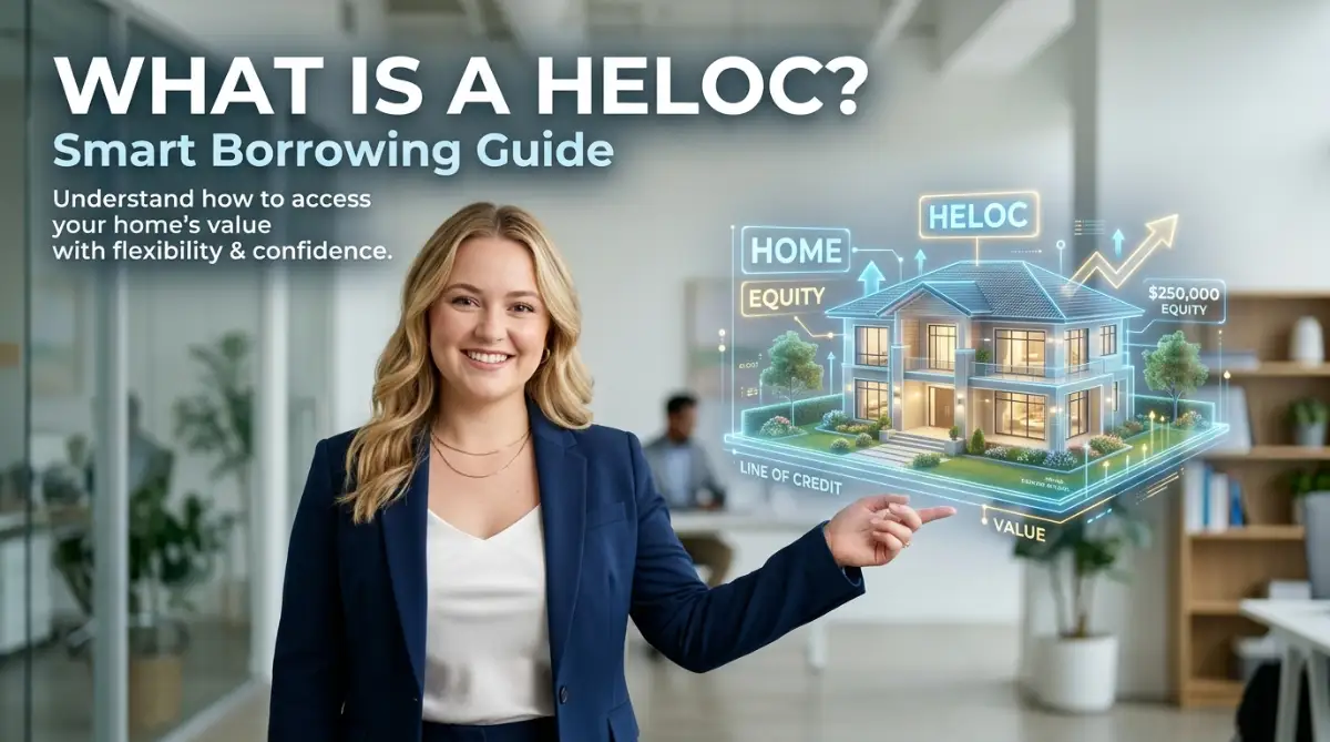 A professional and friendly woman pointing toward a floating house, explaining what a home equity line of credit is and how it works for homeowners.
