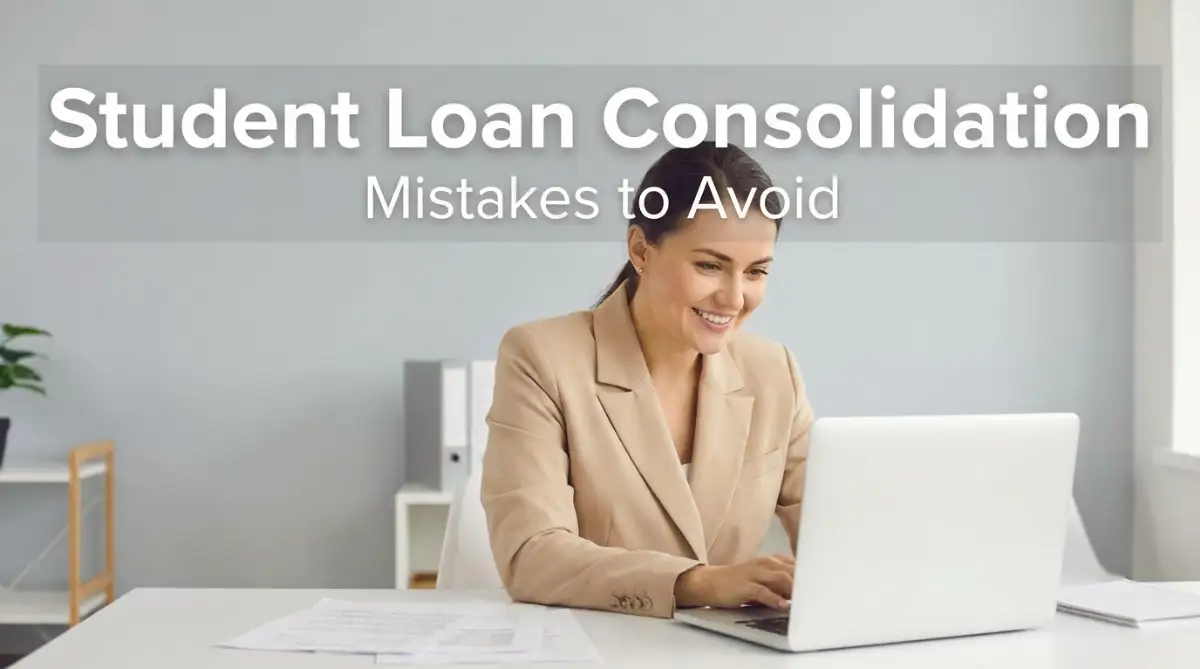A smiling professional woman with a round face looks at her laptop in a bright office, representing the safe path of consolidating high-interest student loans.