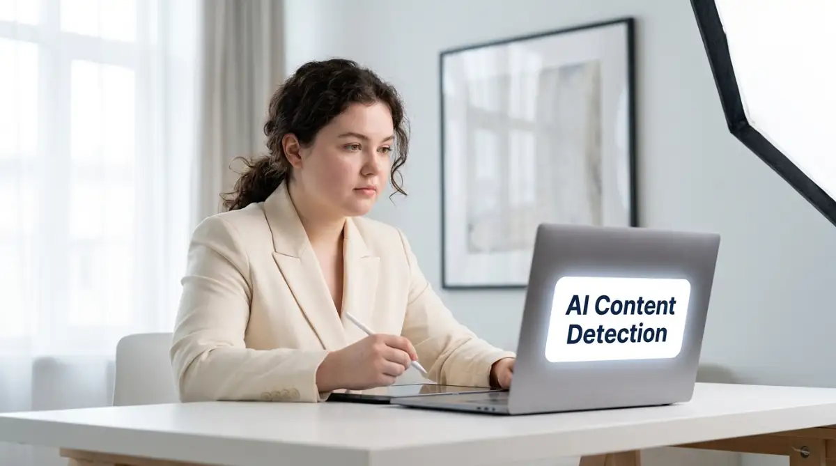 A professional young female writer sitting at her desk looking at her laptop screen that displays details about why ai content fails ai detection.