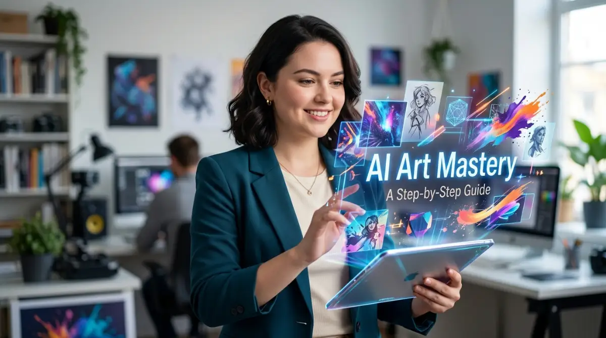A beautiful fair-skinned round-faced woman creating unique digital art using advanced AI image generators on a futuristic holographic tablet.