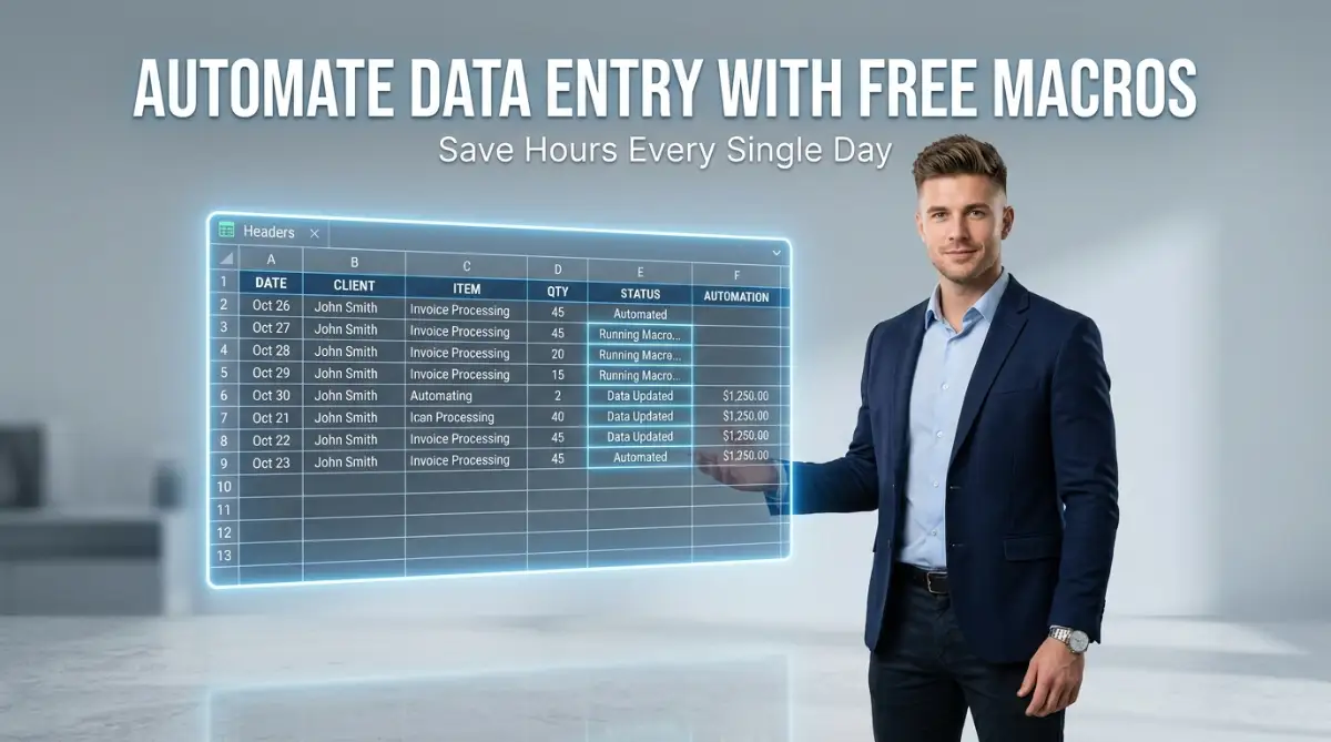 A smart young man standing next to a glowing spreadsheet interface, demonstrating how to automate daily data entry tasks using free spreadsheet macros.