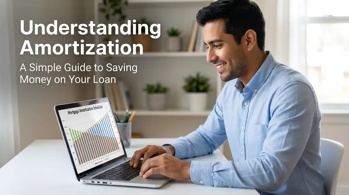 A smiling young man looking at a mortgage amortization schedule on his laptop screen in a bright home office, highlighting how monthly loan payments are structured over time.