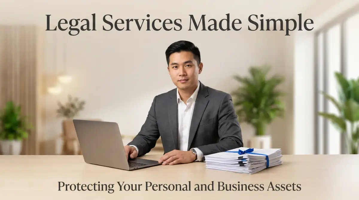A young male entrepreneur reviews legal contracts at his desk, highlighting smart legal services for individuals and businesses.