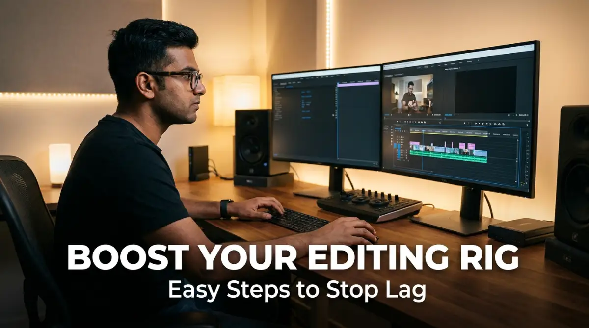 A clean studio scene of a male editor sitting at a modern desk with dual monitors, showing simple ways to optimize system performance when running heavy video editing software.