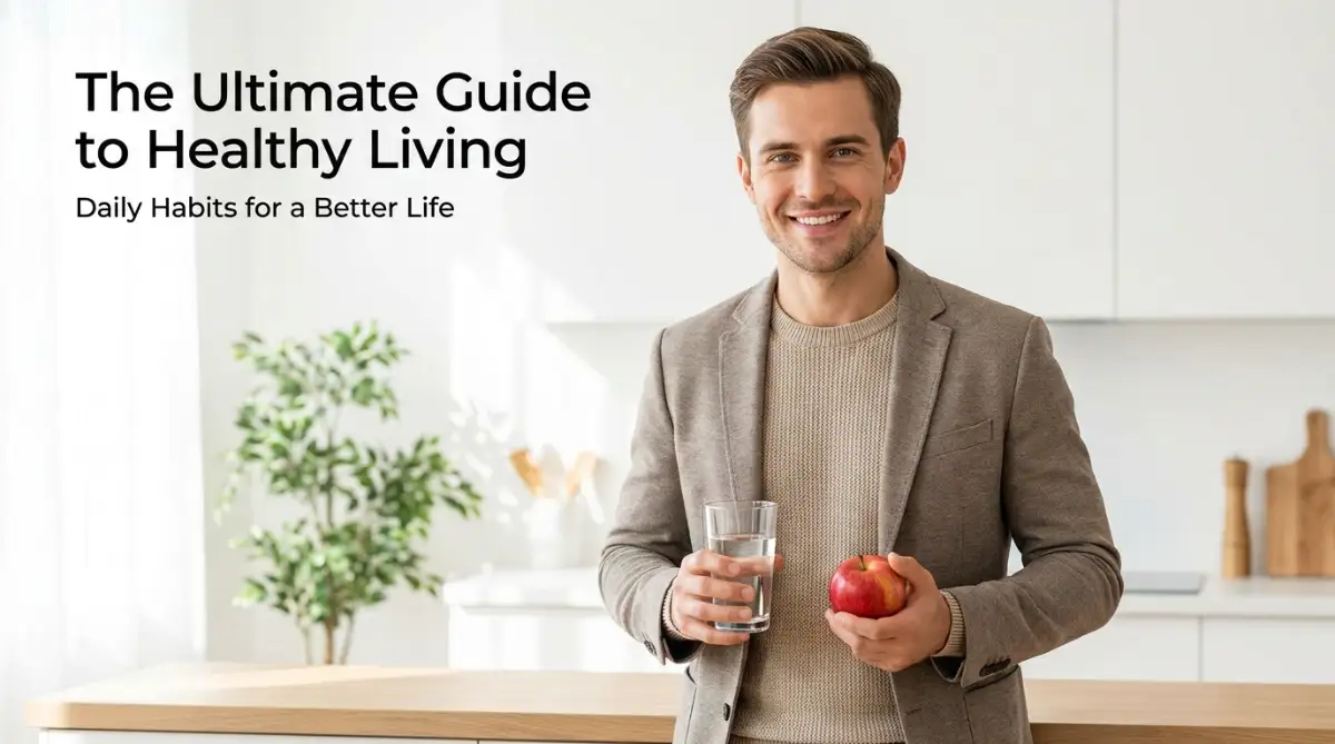 A smart young man holding a glass of water and a fresh apple in a bright kitchen, representing daily habits for a better life and healthy living.