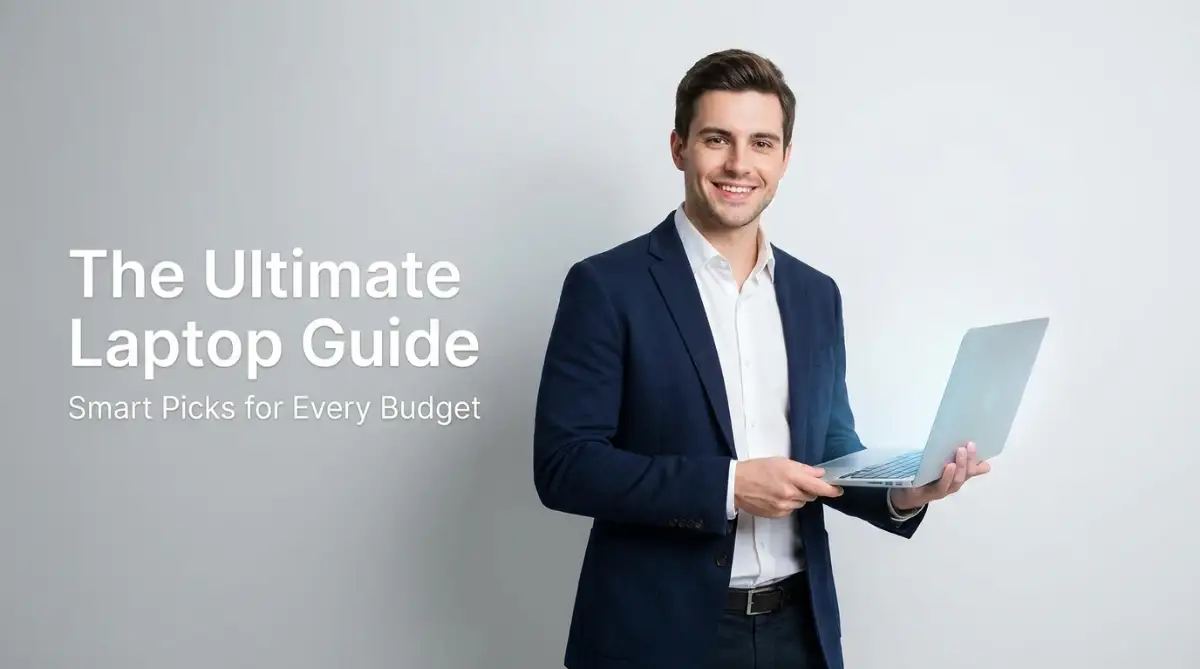 A smart 28-year-old male model holding a sleek modern laptop against a clean studio background, illustrating the ultimate guide to the latest laptops for every budget.