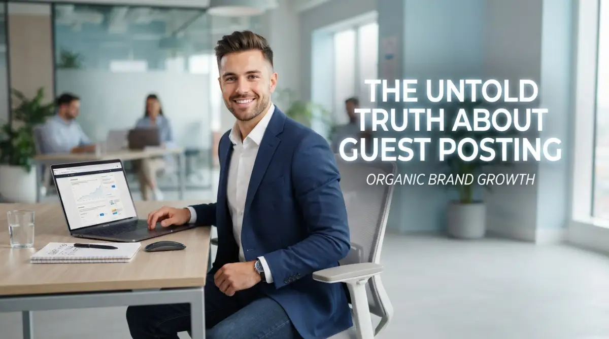 A confident young professional man sits at a modern desk with his laptop, representing the untold truth about guest posting for organic brand growth and building search engine authority.