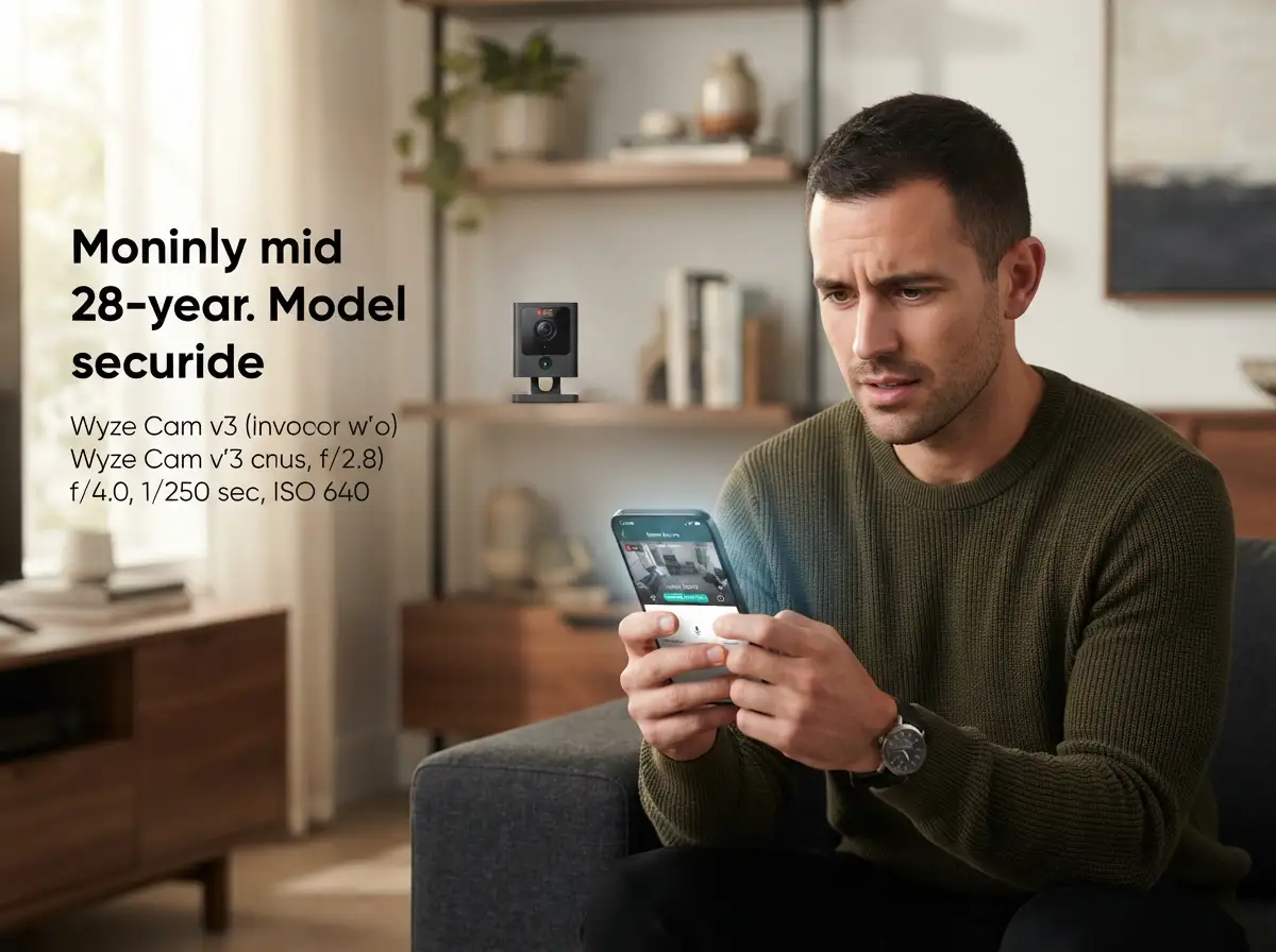 A worried young man checking his smartphone while a smart home camera sits in the blurred background, illustrating the hidden privacy risks of smart home cameras.