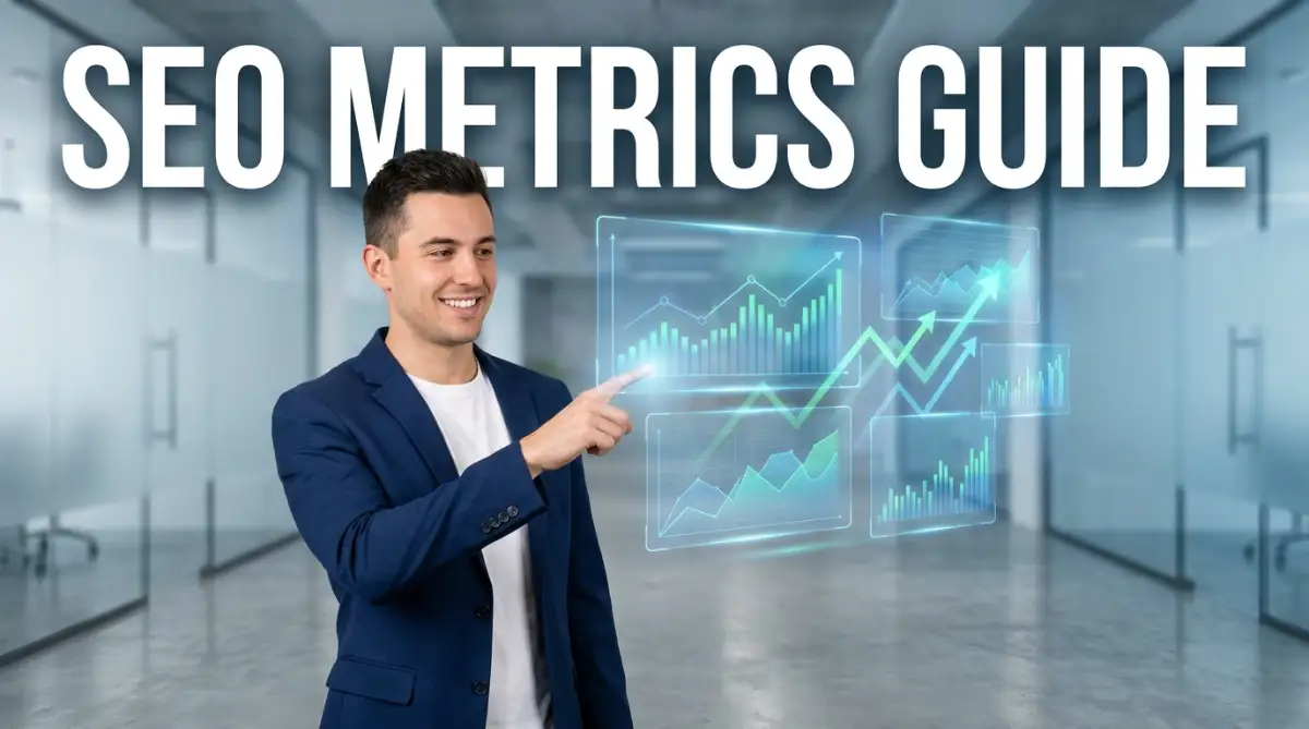 A smart young male expert pointing at floating digital charts, explaining basic SEO metrics for beginners to help grow organic traffic.
