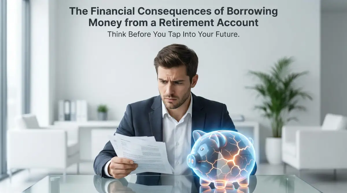 A smart young man looking stressed about the financial consequences of borrowing money from a retirement account while sitting in a bright studio.