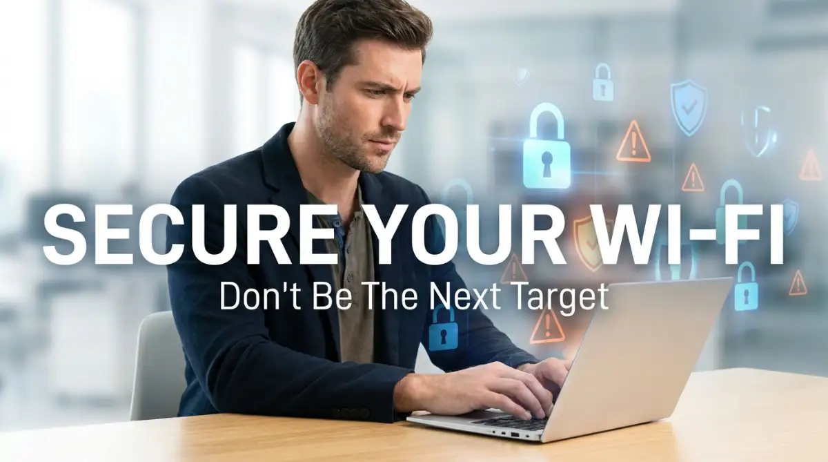 A smart young man looking at his laptop screen with digital safety locks in the background, illustrating the beginner blueprint to securing personal data on public wi-fi networks.