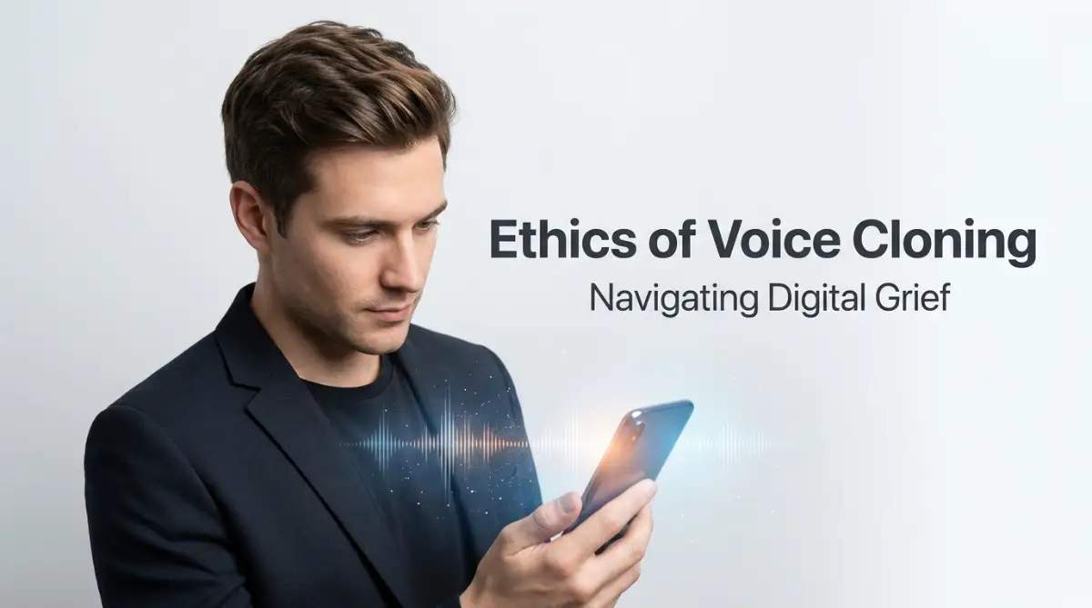 A thoughtful young man looking at digital audio waves on his phone, representing the ethical boundaries before cloning a deceased loved one's voice using modern AI tools.
