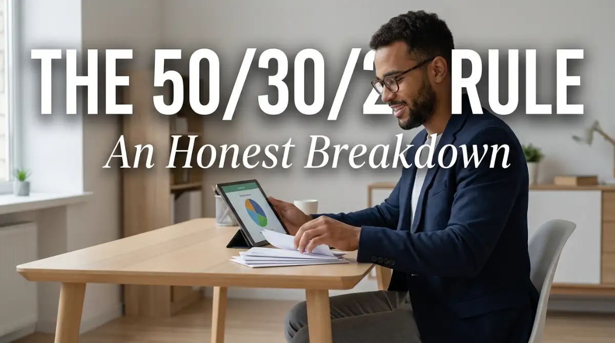 A smart young man sitting at a desk organizing his bills to apply the 50 30 20 rule for managing monthly expenses effectively.